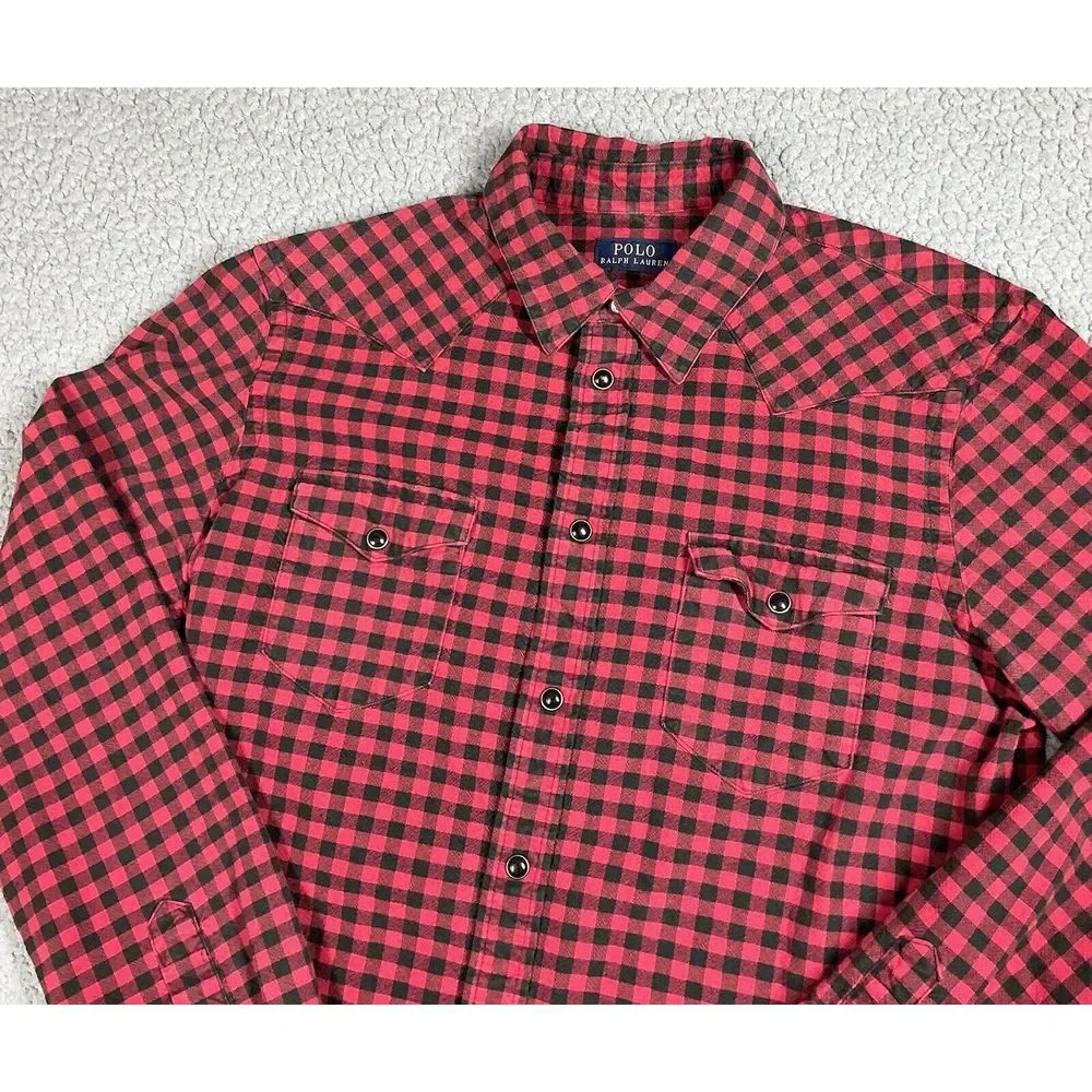 Polo Ralph‎ Lauren Shirt Mens Medium Red Black Gingham Pearl Snap Western Cowboy